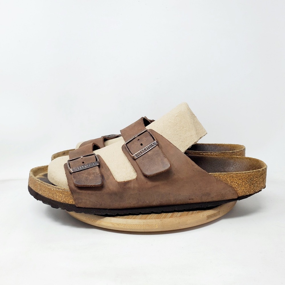 Birkenstock‎ Arizona Sandals 45 Mens Brown Leather Slide Straps Buckles Shoes